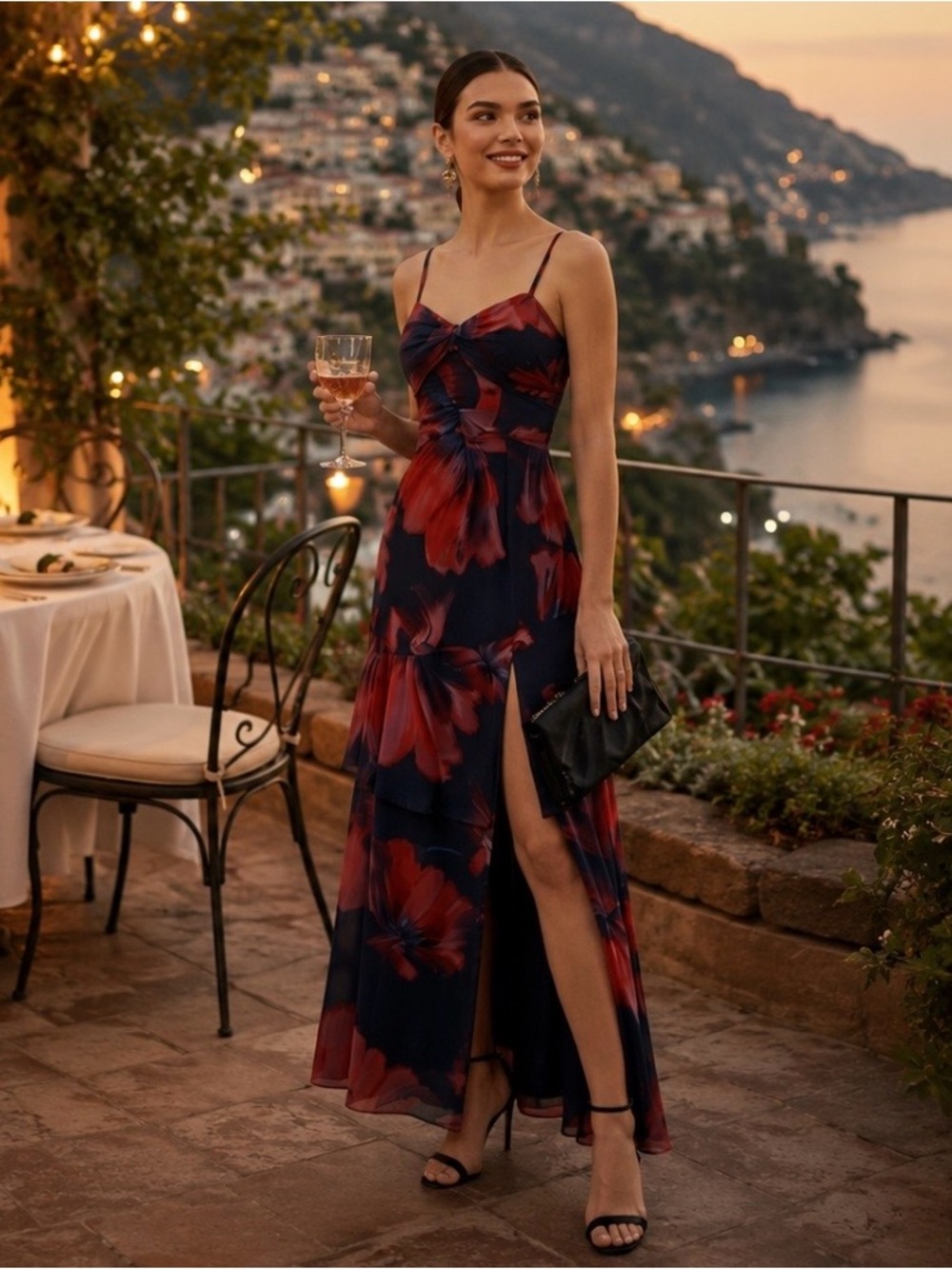 NWT Hutch Jamila Floral Chiffon Maxi Dress XS Anthropologie Side Slit Navy